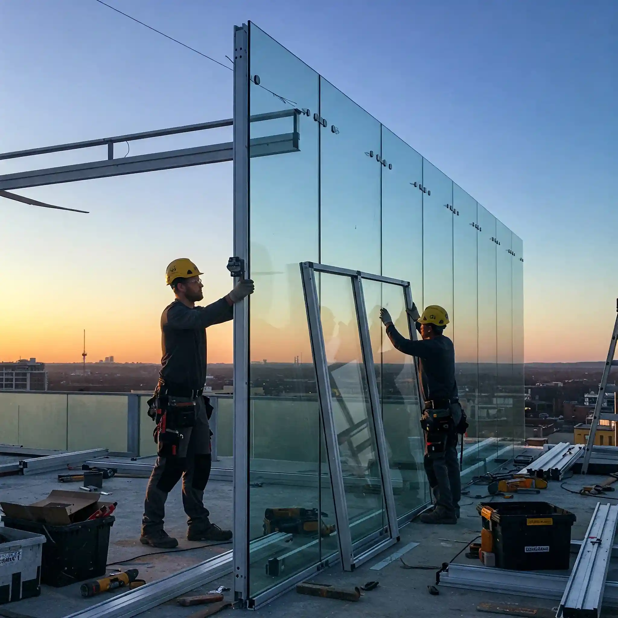 Modern commercial curtain wall installation with sleek shadow effect